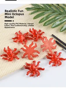 Set of six realistic PVC octopus figurines with textured suckers on a woven background