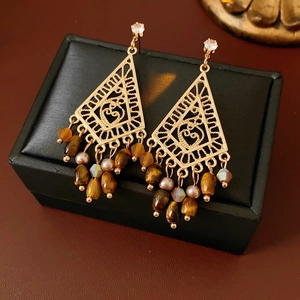 Bohemia Ethnic Drop Earrings With Tiger's Eye Stone Zircon Hollow Triangle Tassel And Silver Earring Post