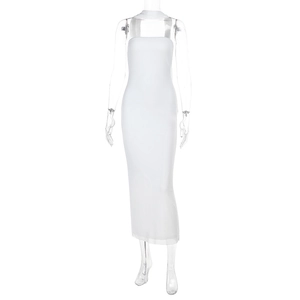 Detailed view of white mesh ribbon trim on a slim-fit evening bodycon maxi dress