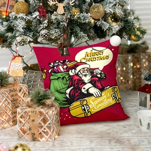 Housse de coussin de Noël Père Noël en avion avec décor de fête et sapin décoré