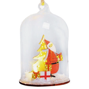 Christmas glass ball ornament with Santa Claus, mini tree and warm LED lights