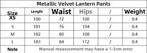 Size guide for metallic velvet lantern pants showing length waist and hip measurements