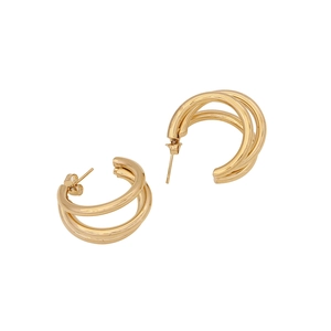 Minimalist triple-layer C-shaped gold hoop earrings on a clean white background