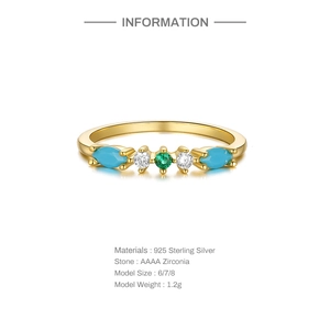 Detail view of gold-plated S925 silver ring with turquoise and zirconia gems