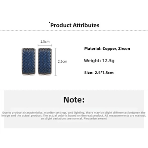 Detailed specs of u-shaped zircon earrings featuring copper material and blue stones