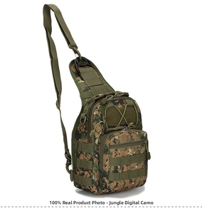 Detailed side view of jungle digital camo tactical chest bag with MOLLE webbing system