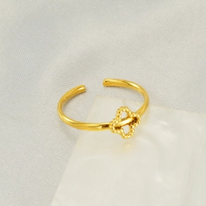 Four-Leaf Clover Ring 18K Gold Plated Stainless Steel Adjustable Open Band Beaded Edge Jewelry For Women