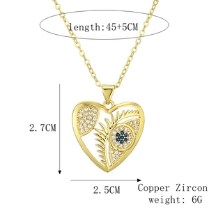 Detailed view of heart pendant dimensions and copper zircon material specifications