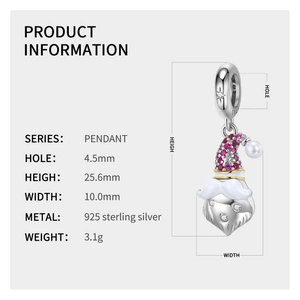 Macro view of Santa Claus charm with red cubic zirconia and white enamel in S925 silver