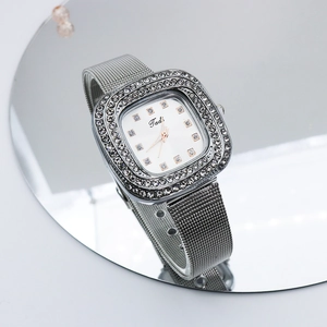 Elegant silver square watch for women with rhinestone bezel and stainless mesh strap