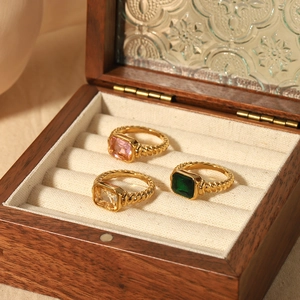 18K gold plated twisted stainless steel rings with colorful rectangle zircon stones