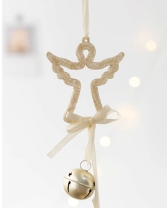 Detail of angel Christmas ornament with champagne gold bell and cream ribbon bow