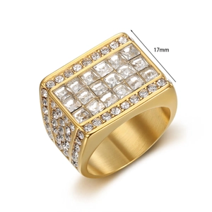 Detail view of 17mm gold men's hip hop ring with full white square micro pave stones