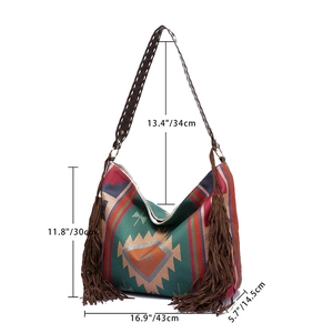 Detail view showing dimensions of large bohemian tote with colorful tassels and patterns