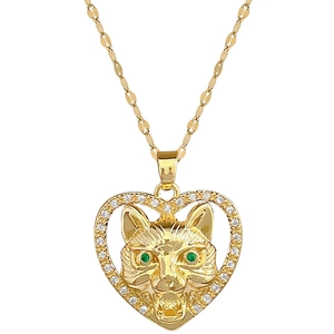 Golden heart necklace featuring a crystal-set border and a tiger head relief pendant