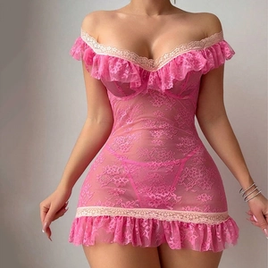 Nuisette rose en dentelle transparente à épaules dénudées avec broderie florale