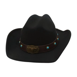 Black western cowboy hat made of wool felt featuring a leather band and bull head buckle