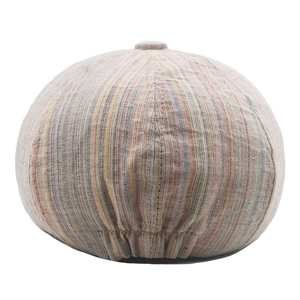 Close-up of multicolor striped newsboy cap with elastic band and fabric texture