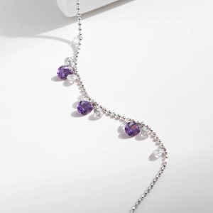 Bracciale scintillante in argento sterling S925 con cristalli a cuore viola e perline