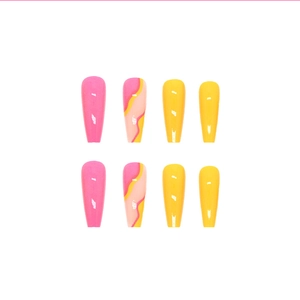 Long coffin press on nails in vibrant pink and yellow with wavy abstract patterns