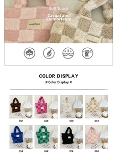 Close-up of plush checkerboard tote bag fabric texture with soft faux fur finish