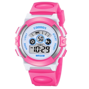 Pink and white digital sports watch for kids with 30M waterproof LCD display