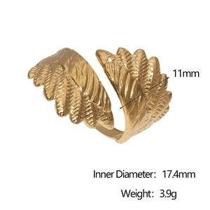Detail showing 18k gold plated wing ring dimensions with 11mm width and 17.4mm diameter