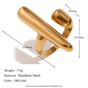 Unique 18K gold plated stainless steel open ring with dimensional size measurements