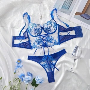 Detailed flat lay of blue lace lingerie set with floral embroidery and ribbon lace-up design
