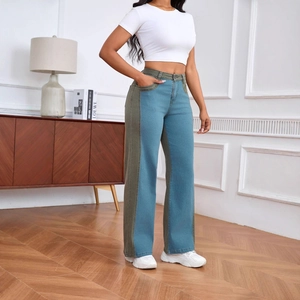 Jean patchwork à taille haute et jambes larges en bleu et vert olive pour femme