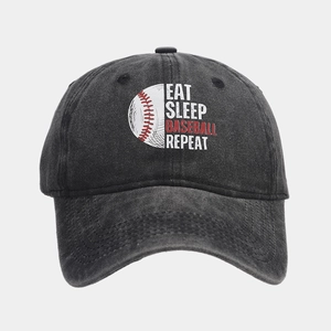 Close-up of washed charcoal grey baseball cap featuring Eat Sleep Baseball Repeat print