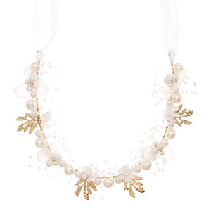 Elegant bridal headband with gold leaves, white flowers and pearls on white background