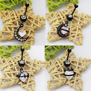 Four black moon and heart belly rings with colorful gemstones in a 2x2 grid layout