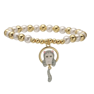 Bracelet mignon en perles et billes dorées avec pendentif chat à longue queue