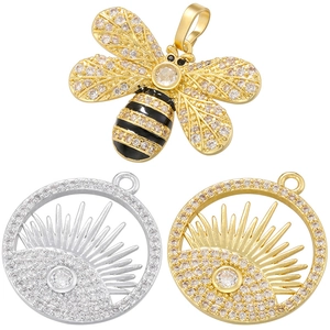 Little Bee Evil Eye Round Sun Pendant Brass Cubic Zirconia Inlaid Copper Enamel Personalized Hip Hop Jewelry Accessory