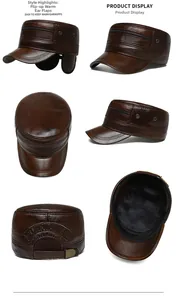 Detail of genuine leather flat cap featuring warm foldable earmuffs and side zipper decor