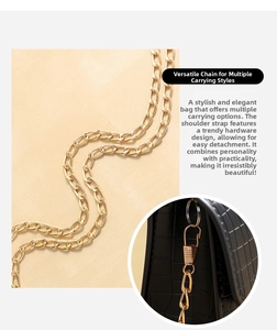 Detail of light gold chain strap and crocodile texture on black mini jelly bag