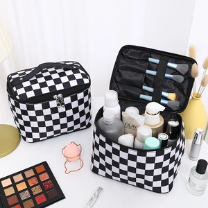 Checkerboard Makeup Bag Waterproof Toiletry Organizer With Brush Slots And Handle Travel Cosmetic Case Polyester