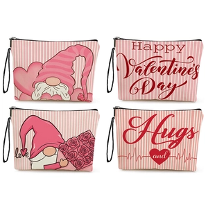 Trousse De Maquillage Saint-Valentin En Lin Pochette Cosmétique Avec Dragonne Imprimé Gnome Cœur Organisateur Femmes