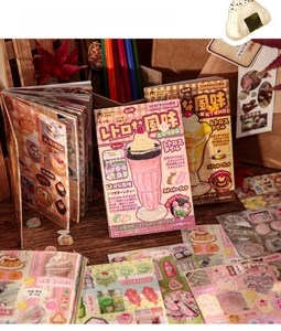 Close-up of vintage aesthetic stickers with dessert motifs and holographic details