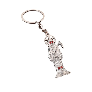 Hip-Hop Santa Muerte Schlüsselanhänger aus Silber mit Sense und roten Strasssteinen
