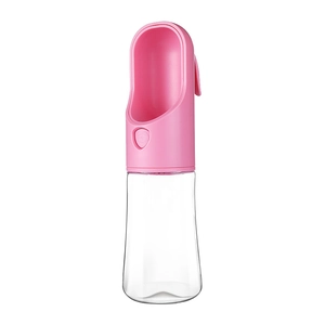 Portable pink dog water bottle with clear storage tank and easy one-button control