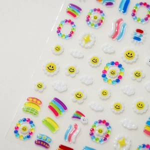 Adesivi per unghie 3D con arcobaleno e smiley con finitura in resina lucida su bianco