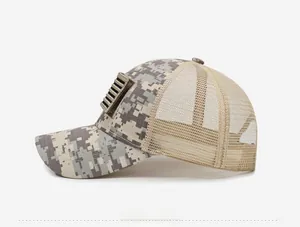 Detailed side view of digital camouflage tactical cap with mesh panel and flag patch