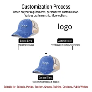 Customizable blue washed cotton trucker hat with beige mesh back and distressed hole detail