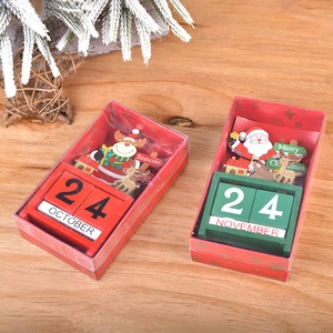 Christmas wooden desktop calendar sets with Santa and Reindeer figures in festive gift boxes