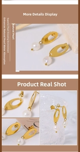 Detail view of oval matte gold earrings with natural white pearls in four angles