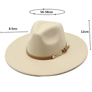 Detail view of beige wool felt fedora showing dimensions and leather strap with gold buckle