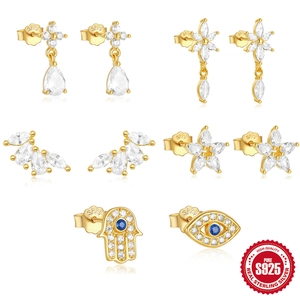 S925 Sterling Silver Evil Eye Hamsa Hand Stud Earrings Gold Plated Zirconia Flower Water Drop Star Fashion Jewelry
