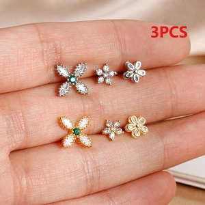 3pcs zirconia stainless steel flower stud earring set in gold and silver finish
